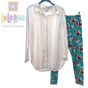 Lularoe Set Valentina Stripe Button Shirt Size Small & Floral Leggings O/S